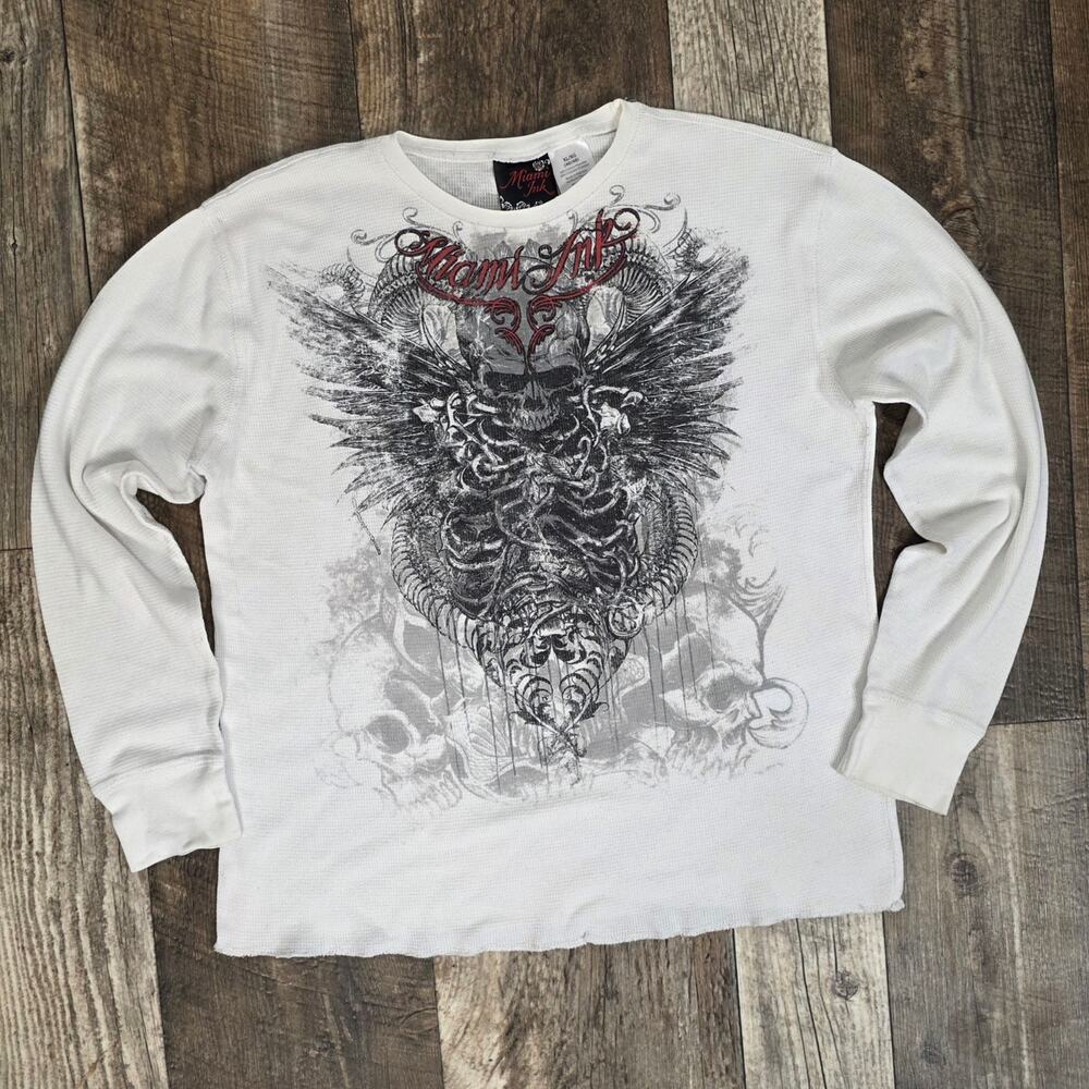 Y2K Skull Thermal Shirt Biker Grunge Gothic Long Sleeve Miami Ink Size XL